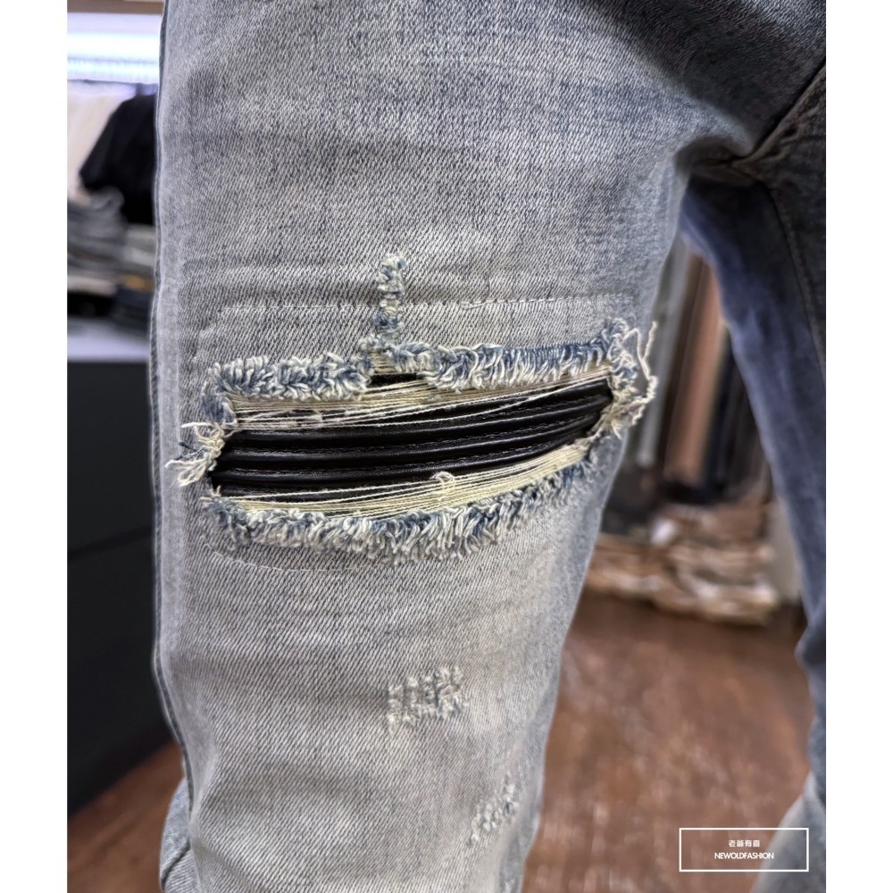 『新品上市』重磅黑皮革補丁破壞小直筒(NOF24065912)-細節圖3