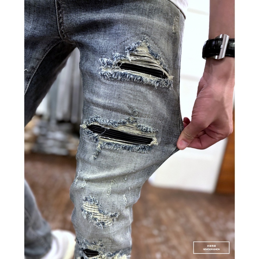 『新品上市』重磅黑皮革補丁破壞小直筒(NOF24065912)-細節圖5