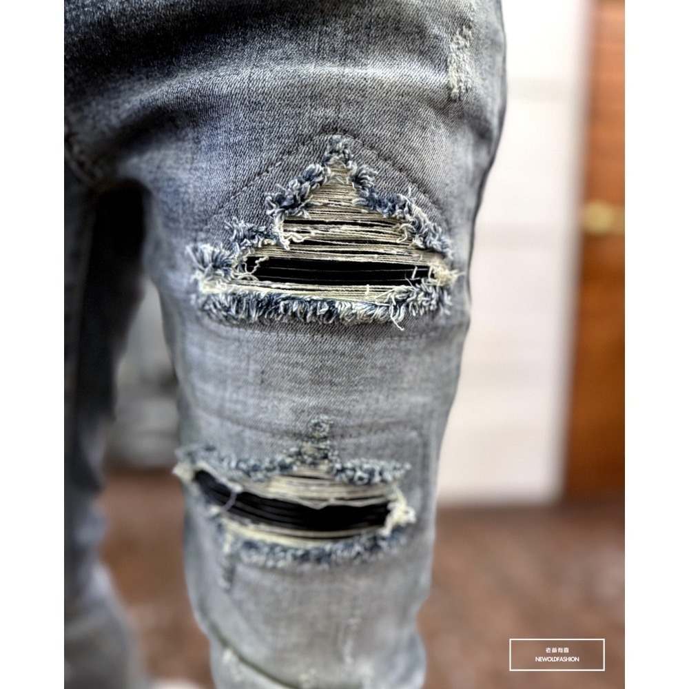 『新品上市』重磅黑皮革補丁破壞小直筒(NOF24065912)-細節圖7