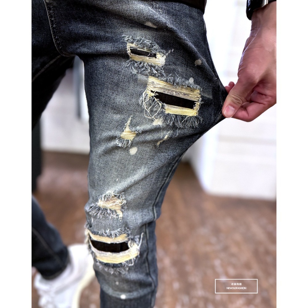 『新品上市』重磅藍印仿舊潑墨補丁小直筒(NOF24075933)-細節圖2