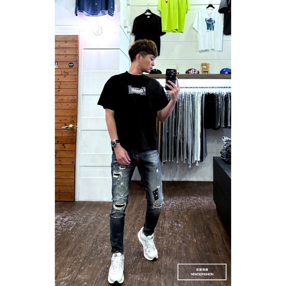 『新品上市』重磅藍印仿舊潑墨補丁小直筒(NOF24075933)-細節圖3