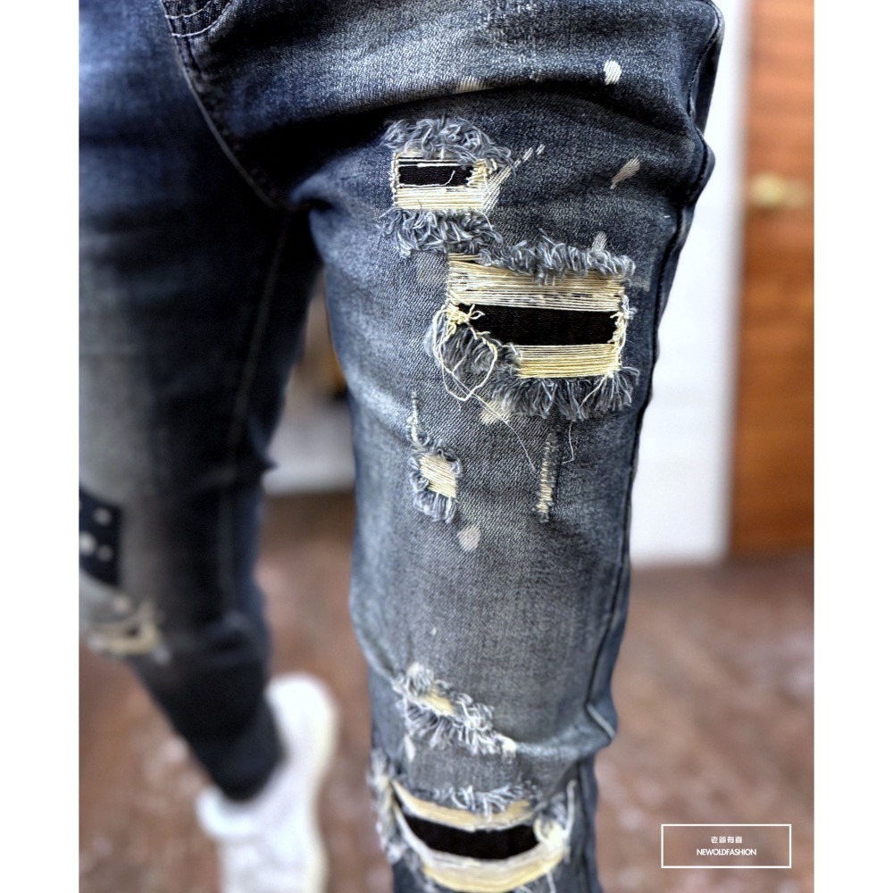 『新品上市』重磅藍印仿舊潑墨補丁小直筒(NOF24075933)-細節圖6