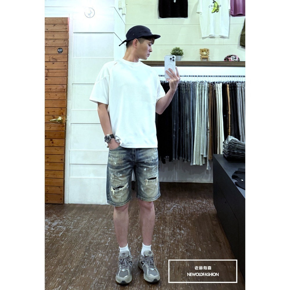 『新品上市』重磅復古潑墨補丁牛仔短褲(NOF25052025)-細節圖2