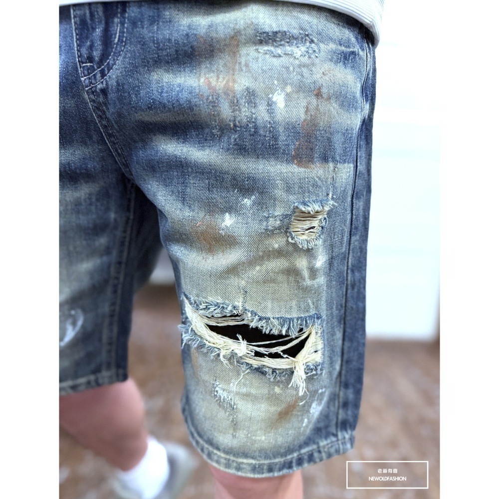 『新品上市』重磅復古潑墨補丁牛仔短褲(NOF25052025)-細節圖7