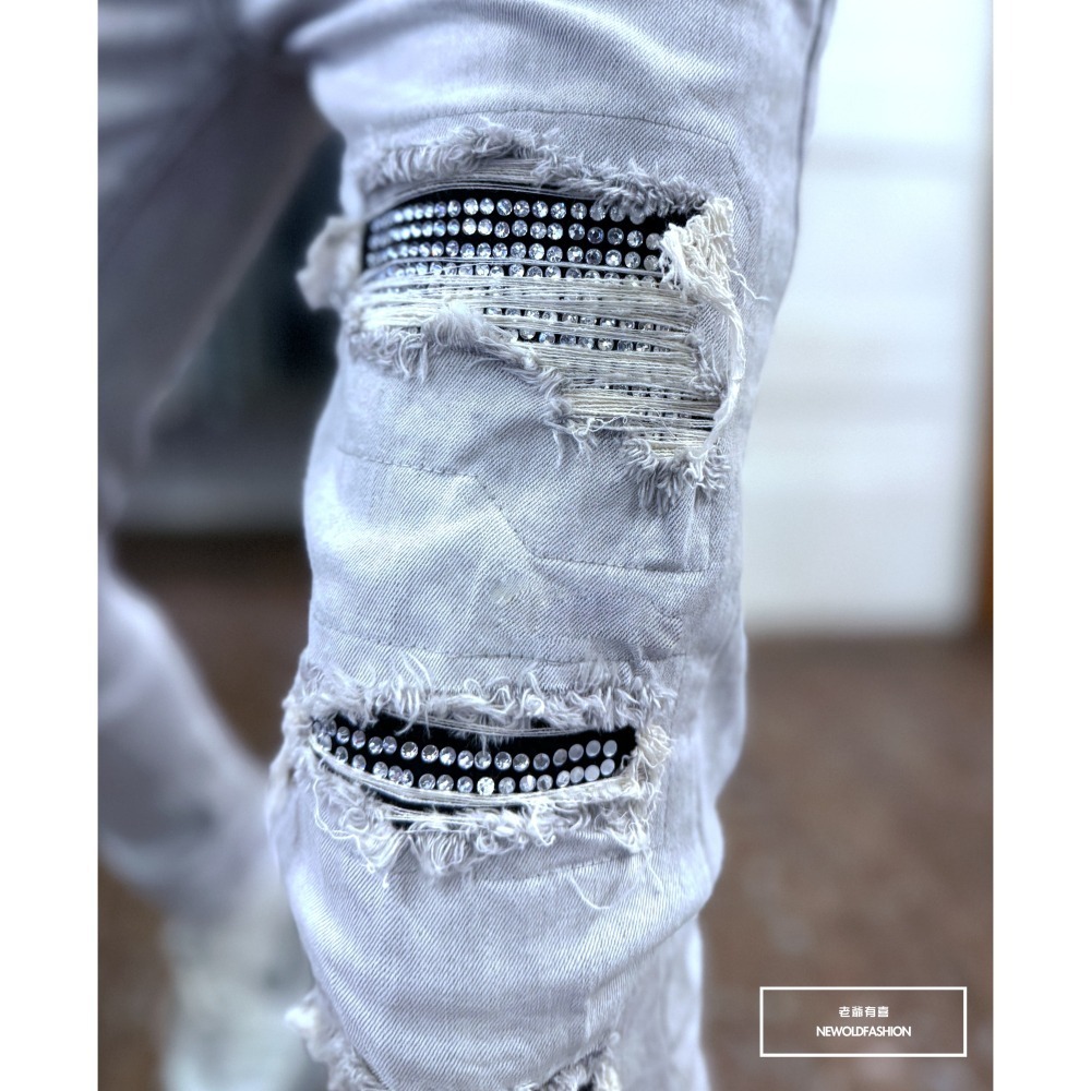 『新品上市』重磅灰白水鑽破壞小直筒褲(NOF25049119)-細節圖2
