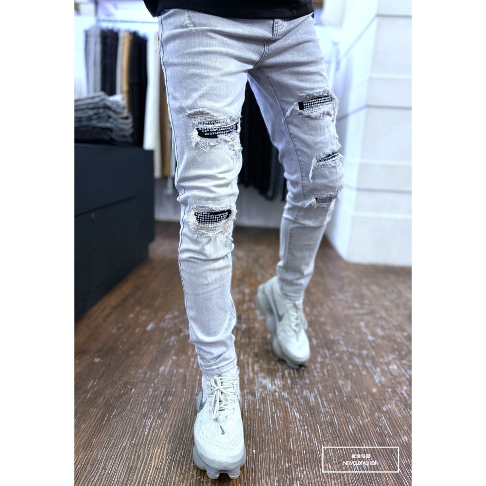 『新品上市』重磅灰白水鑽破壞小直筒褲(NOF25049119)-細節圖8