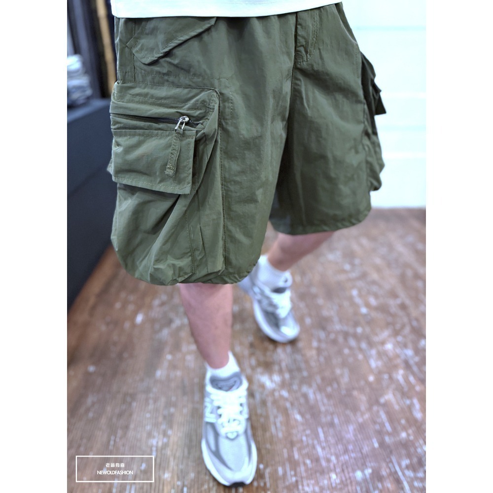 『新品上市』重磅金屬拉鍊雙層口袋工裝短褲(NOF25029901)-軍綠-細節圖10