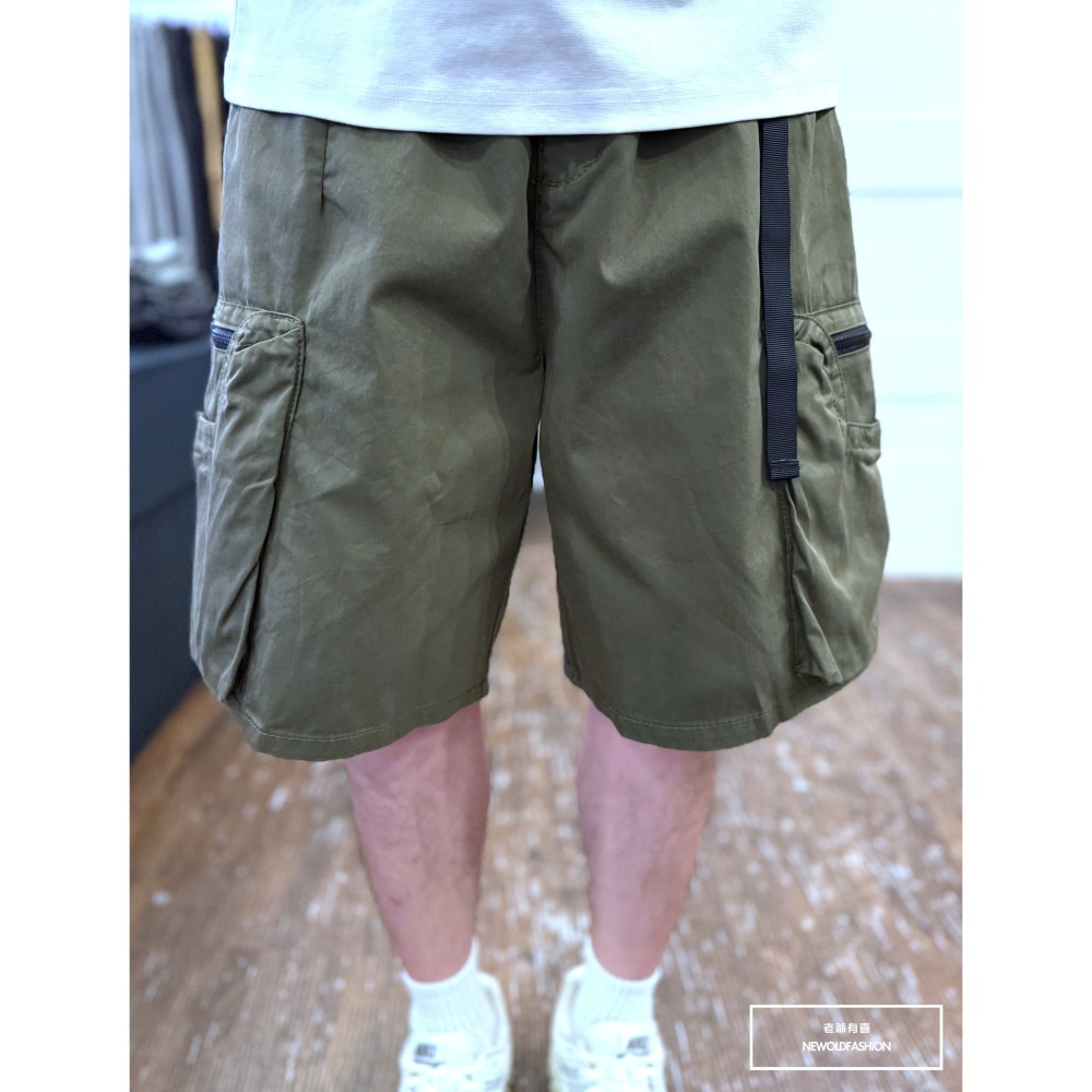 『新品上市』重磅黑拉鍊布標口袋工裝短褲(NOF25028302)-軍綠-細節圖2