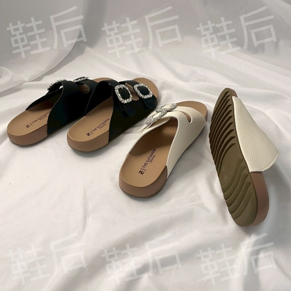 Shoes Queen | 台南全現貨+預購 / 水鑽框 皮革勃肯拖 026⚡休閒 平底拖鞋-細節圖2