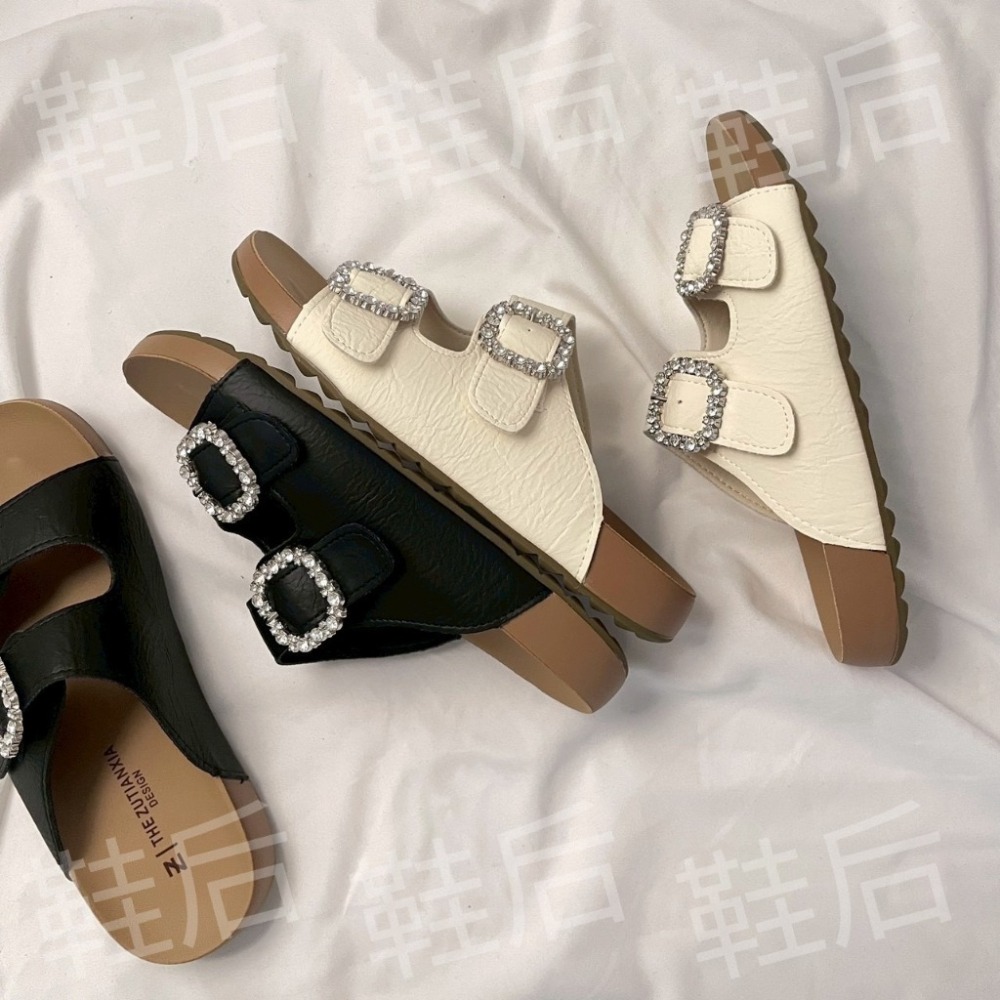 Shoes Queen | 台南全現貨+預購 / 水鑽框 皮革勃肯拖 026⚡休閒 平底拖鞋-細節圖3