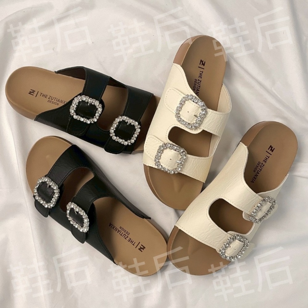Shoes Queen | 台南全現貨+預購 / 水鑽框 皮革勃肯拖 026⚡休閒 平底拖鞋-細節圖5
