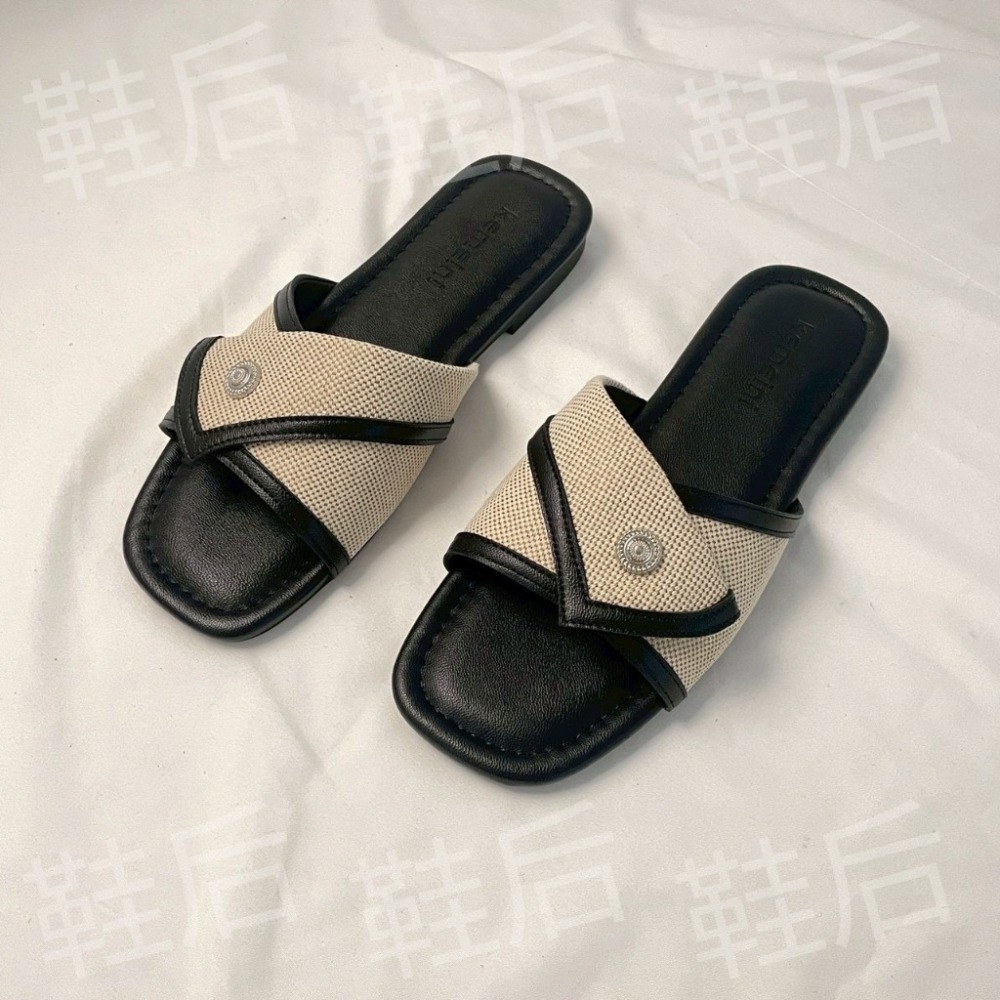 Shoes Queen | 台南最後現貨出貨 / 夏天必穿 |麻布拼接 小方頭度假拖鞋 6381⚡韓版 休閒 平底拖鞋-細節圖2