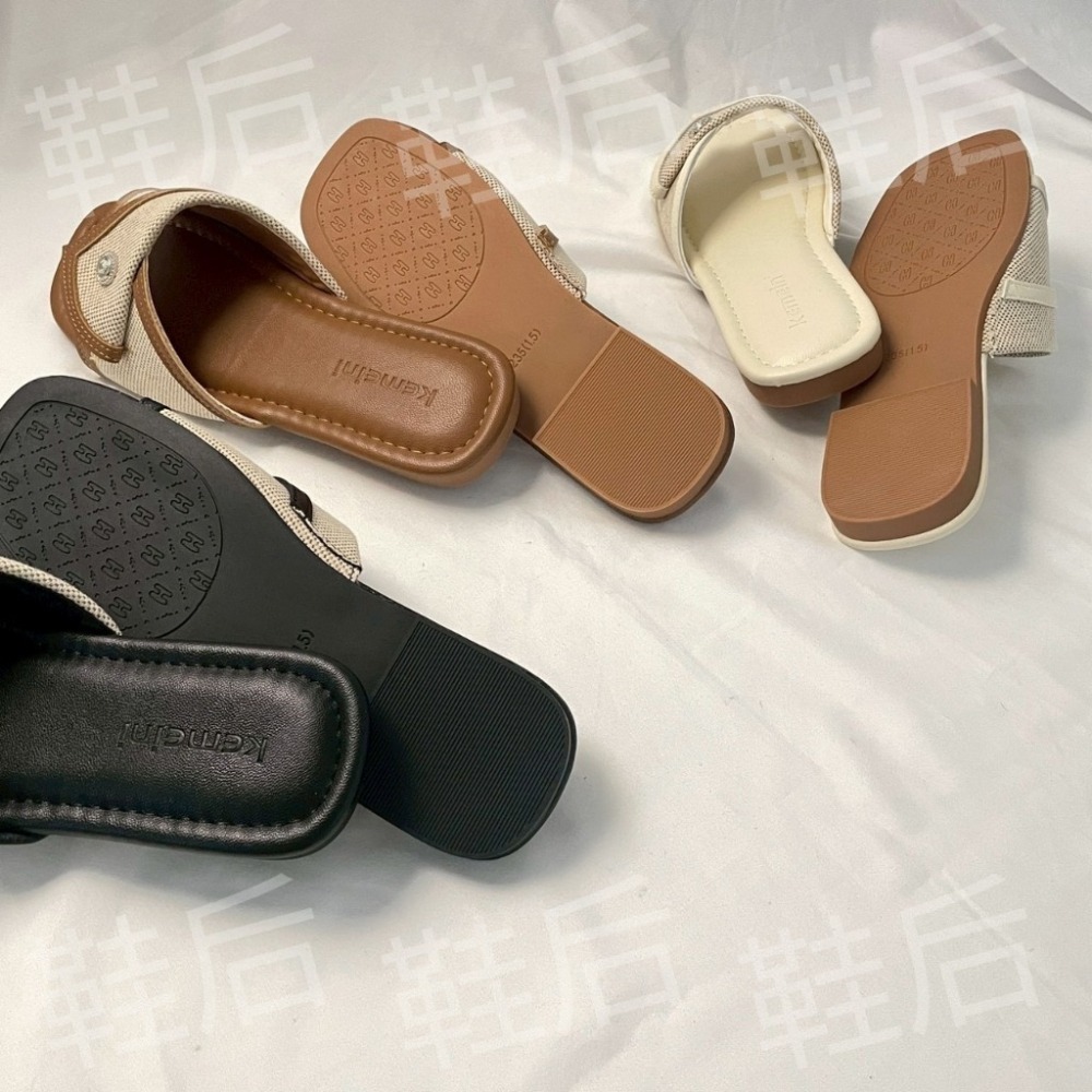 Shoes Queen | 台南最後現貨出貨 / 夏天必穿 |麻布拼接 小方頭度假拖鞋 6381⚡韓版 休閒 平底拖鞋-細節圖3