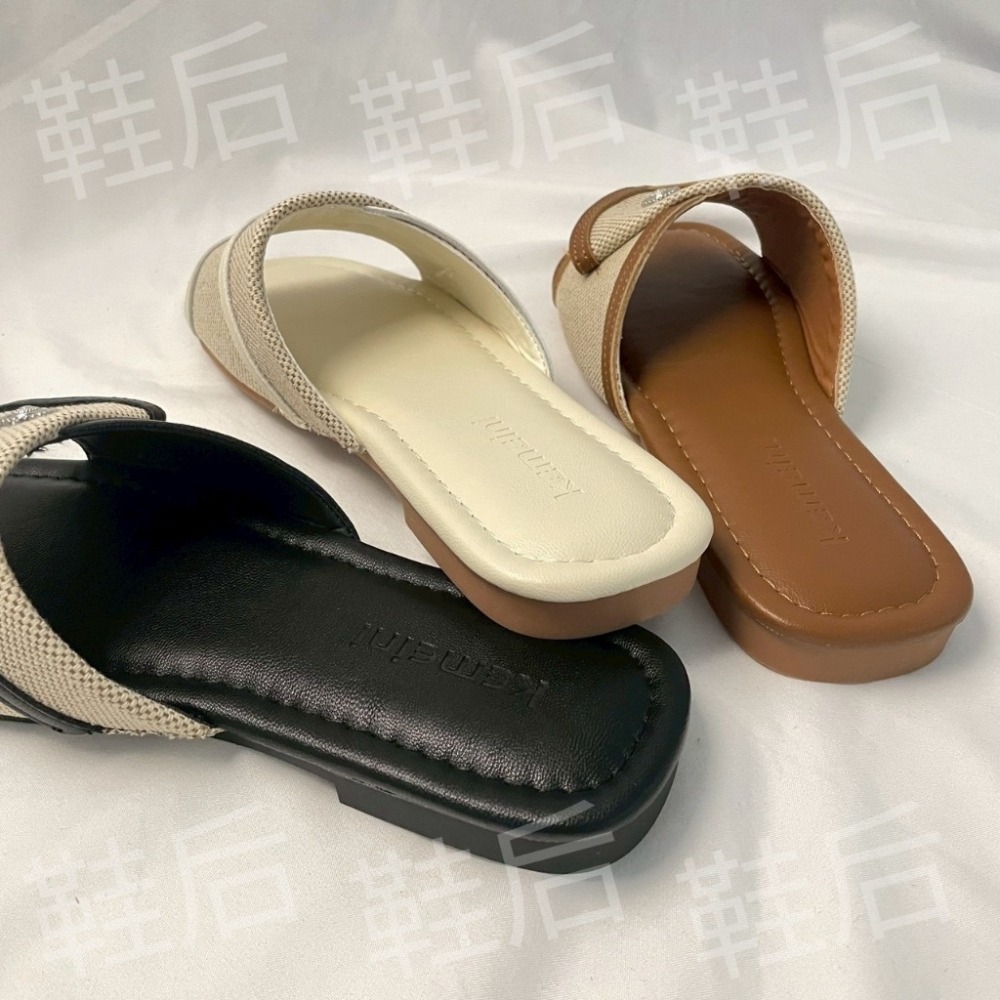 Shoes Queen | 台南最後現貨出貨 / 夏天必穿 |麻布拼接 小方頭度假拖鞋 6381⚡韓版 休閒 平底拖鞋-細節圖4