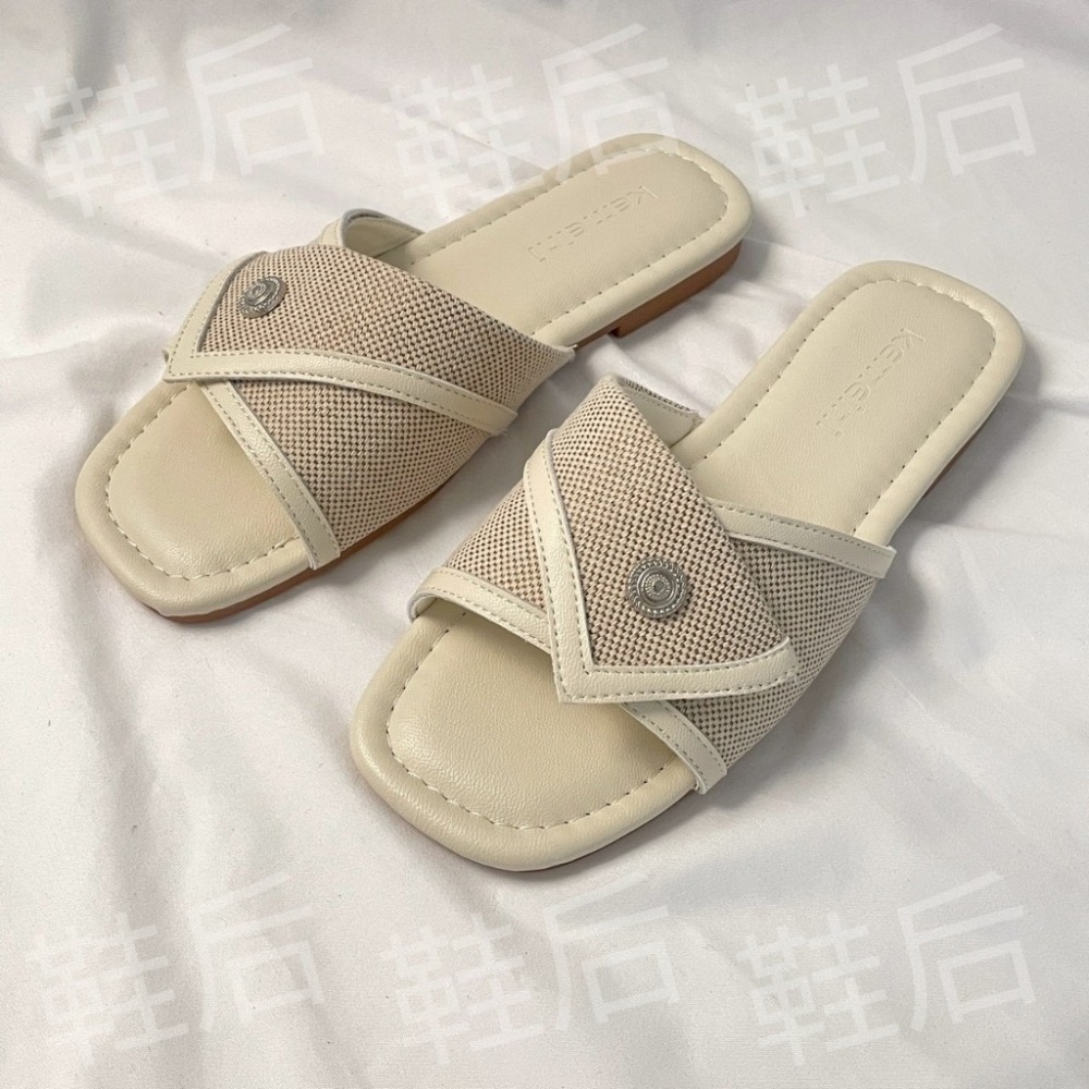 Shoes Queen | 台南最後現貨出貨 / 夏天必穿 |麻布拼接 小方頭度假拖鞋 6381⚡韓版 休閒 平底拖鞋-細節圖5