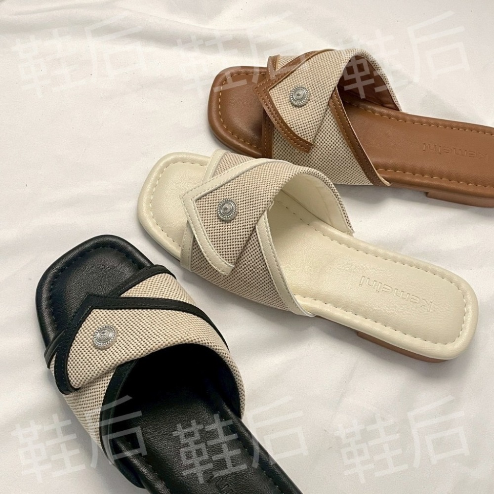 Shoes Queen | 台南最後現貨出貨 / 夏天必穿 |麻布拼接 小方頭度假拖鞋 6381⚡韓版 休閒 平底拖鞋-細節圖6