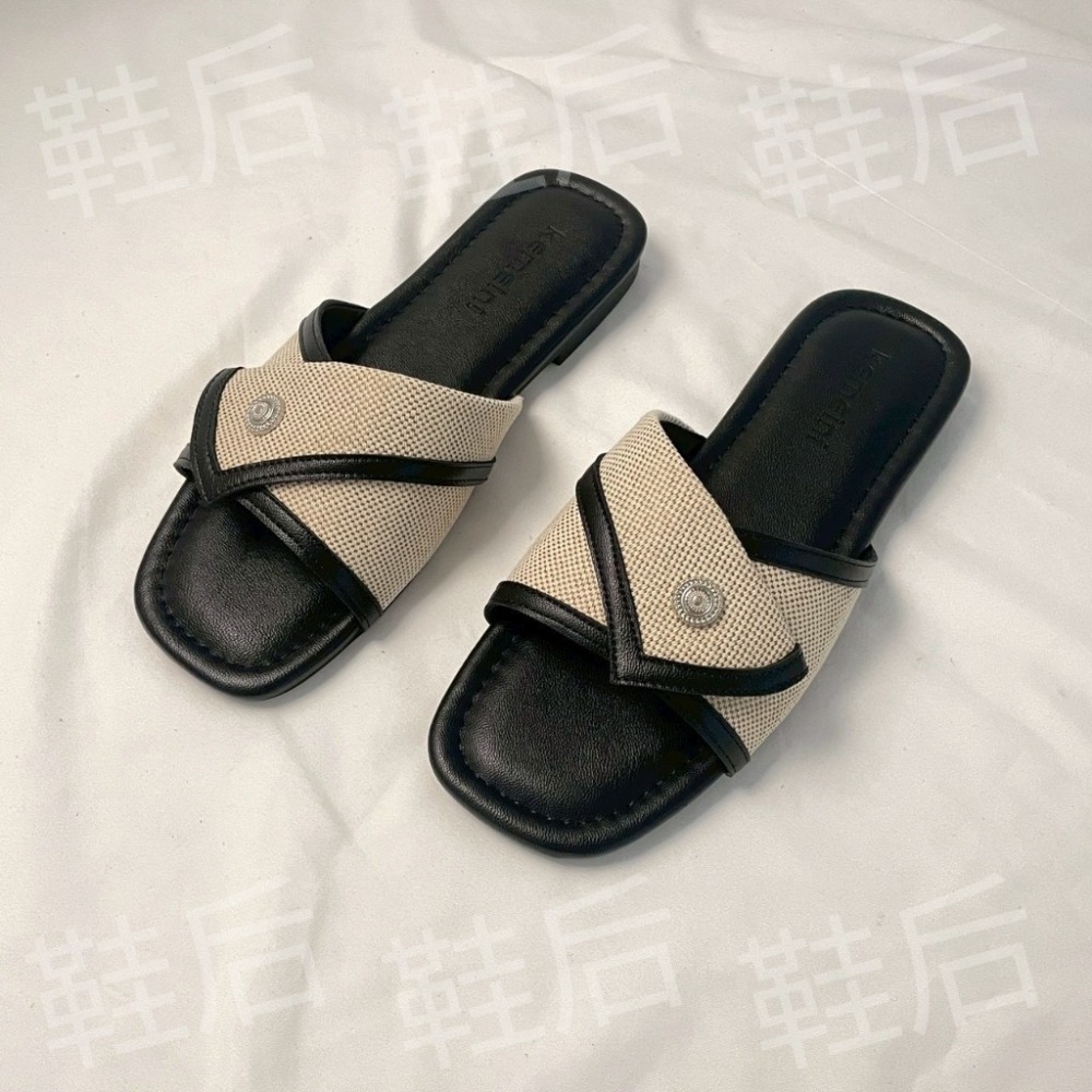 Shoes Queen | 台南最後現貨出貨 / 夏天必穿 |麻布拼接 小方頭度假拖鞋 6381⚡韓版 休閒 平底拖鞋-規格圖8