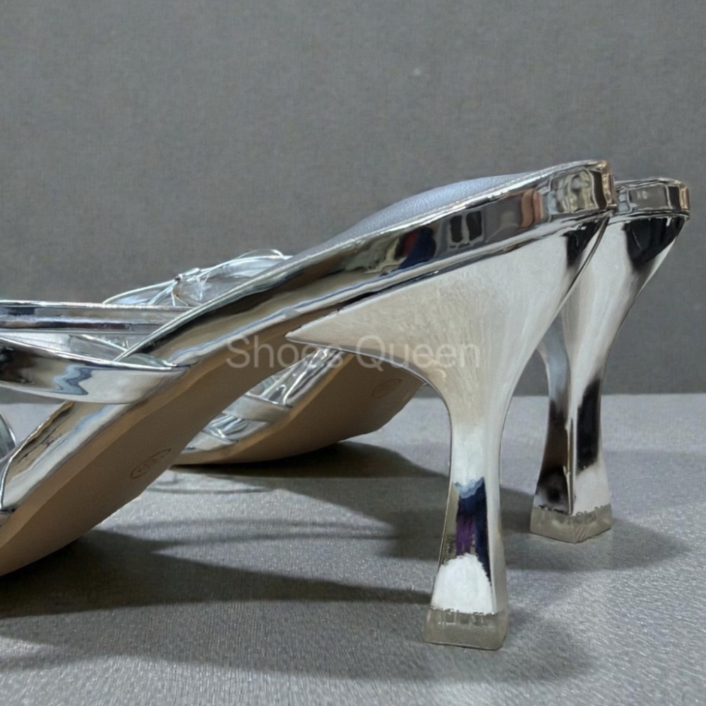 Shoes Queen | 台南出貨| 3608#網紅款雙蝴蝶結低跟鞋 黑  銀 米韓系方頭仙女拖鞋 百搭氣質款-細節圖2