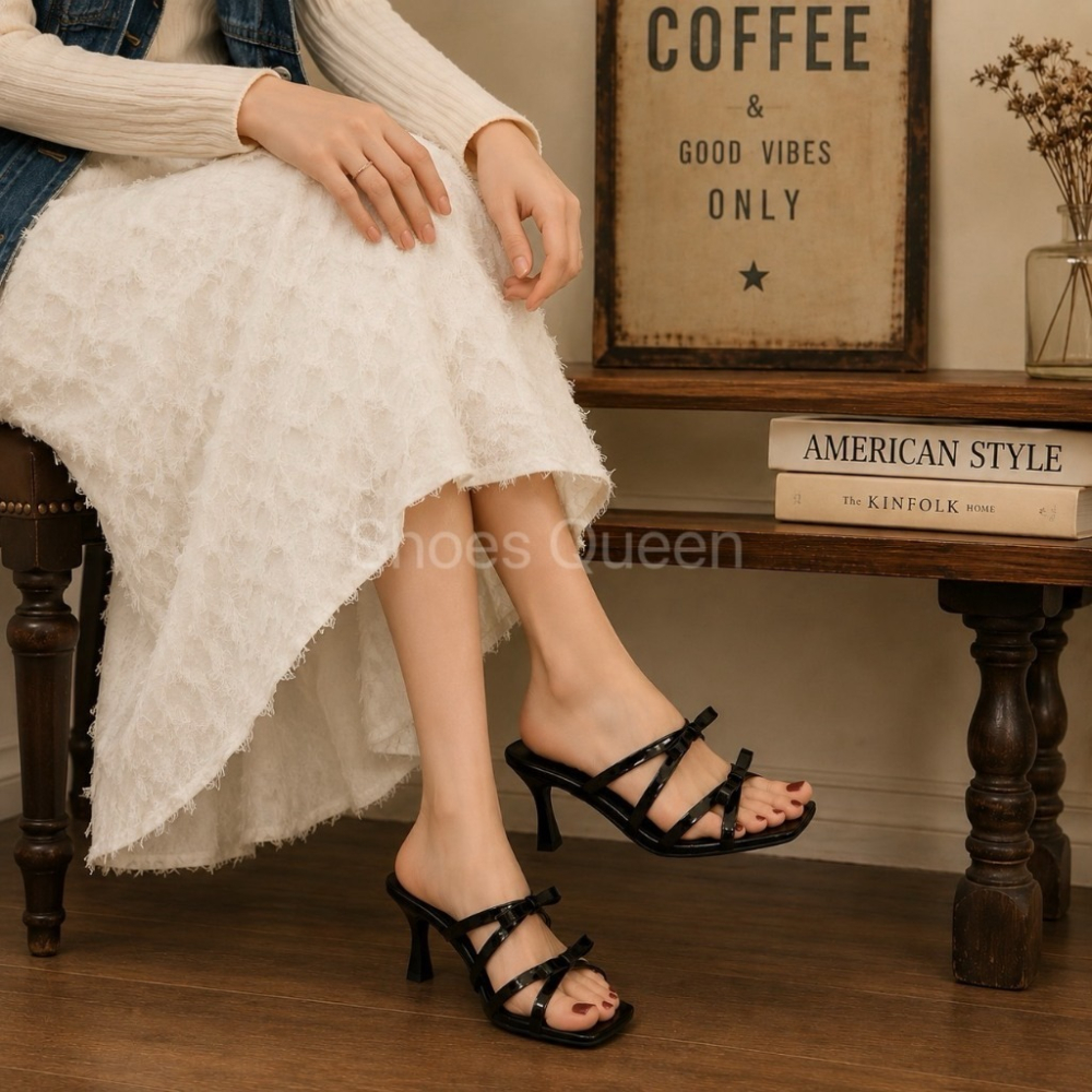 Shoes Queen | 台南出貨| 3608#網紅款雙蝴蝶結低跟鞋 黑  銀 米韓系方頭仙女拖鞋 百搭氣質款-細節圖3