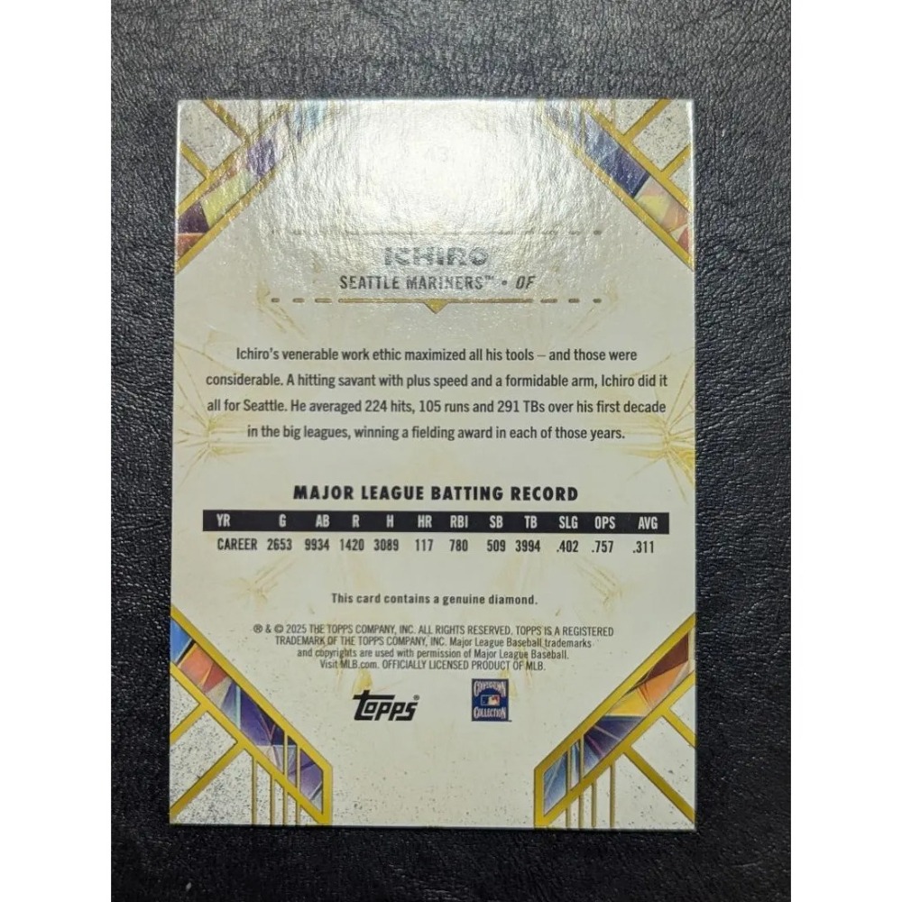 台北捷運站現貨 日本鈴木一朗 鑲嵌著真鑽 西雅圖水手隊 限量 10/15 Topps Diamond icons球員卡-細節圖2