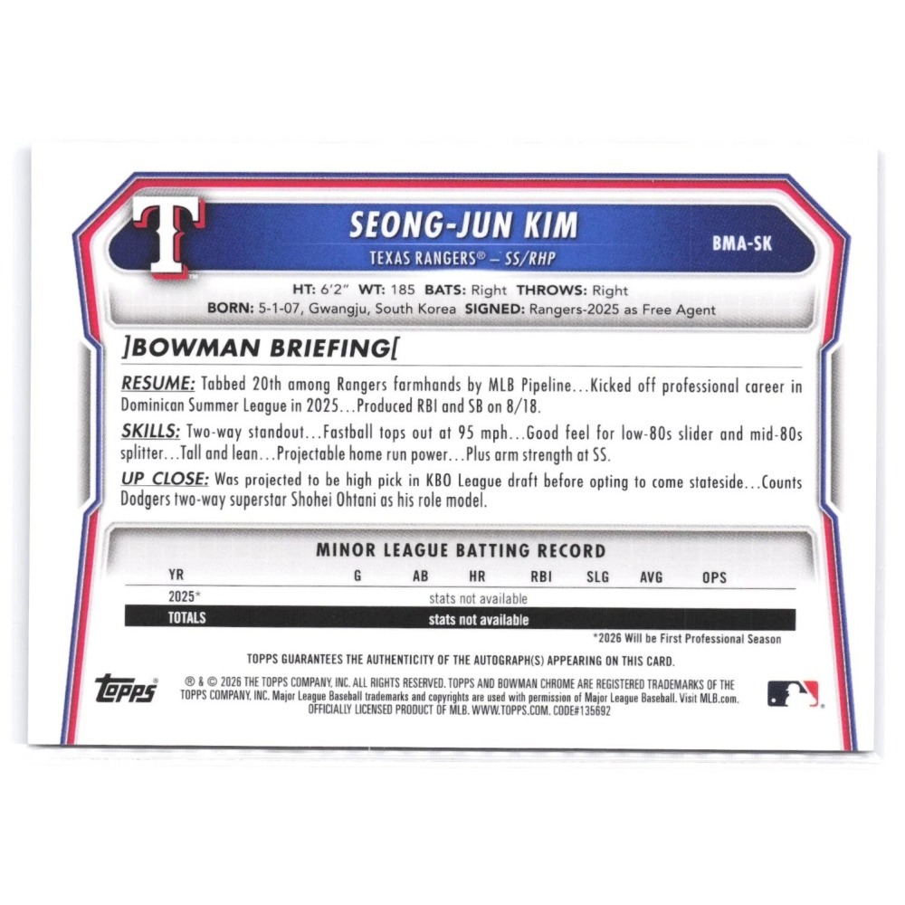 台北捷運站現貨 韓國大谷翔平 金成俊 Seong-Jun Kim 限量21/199投手新秀卡Chrome BMA-SK-細節圖2