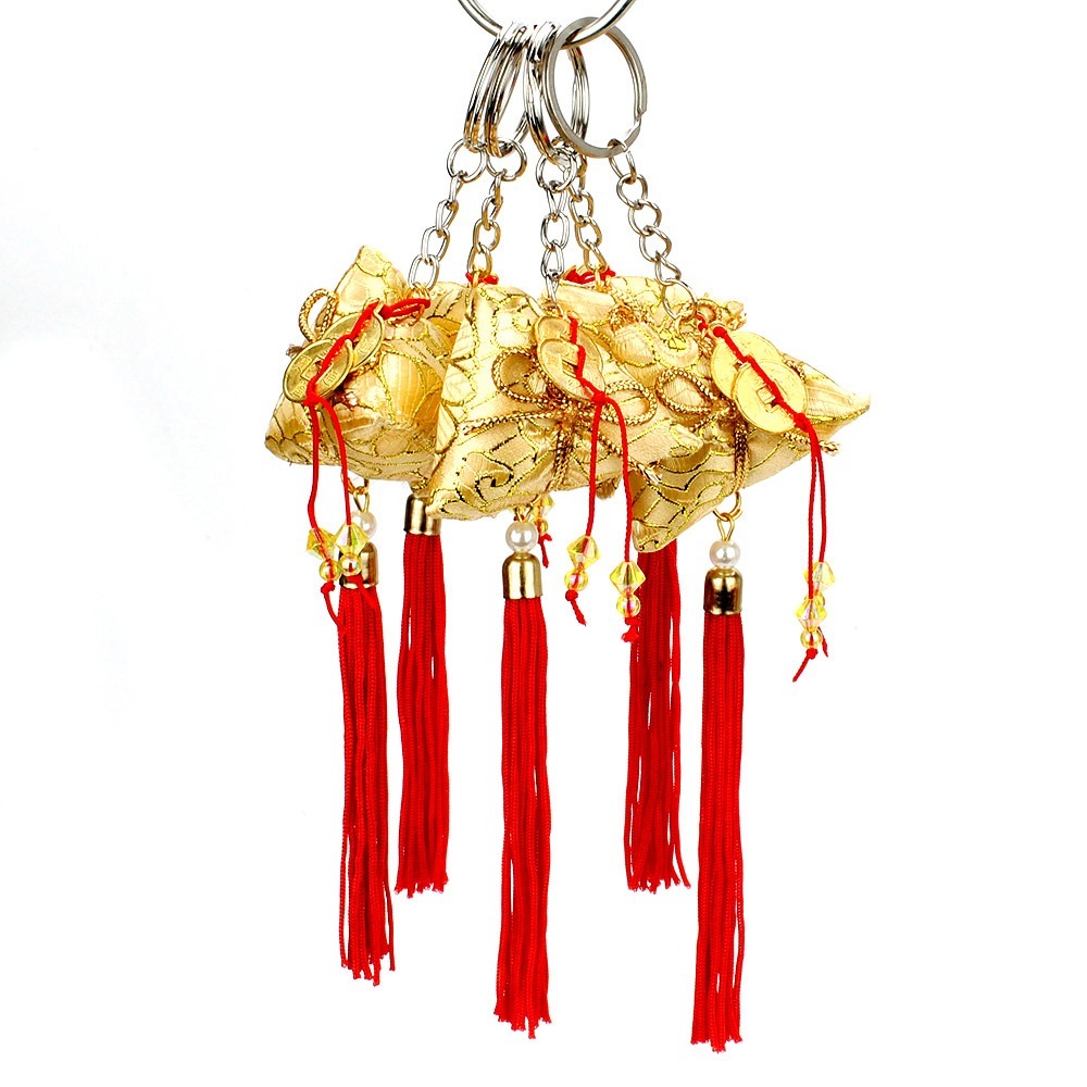【晨豐商行】黃金粽雙錢幣鑰匙圈流蘇香包(4cm)-金色-台灣製(黃金粽雙錢幣鑰匙圈流蘇香包)-細節圖3