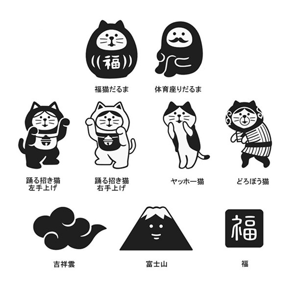 小怪獸選物🌸日本製 FUKUMONO 可愛印章 手帳 印章 手繪風 達摩 貓咪 富士山 章-細節圖5