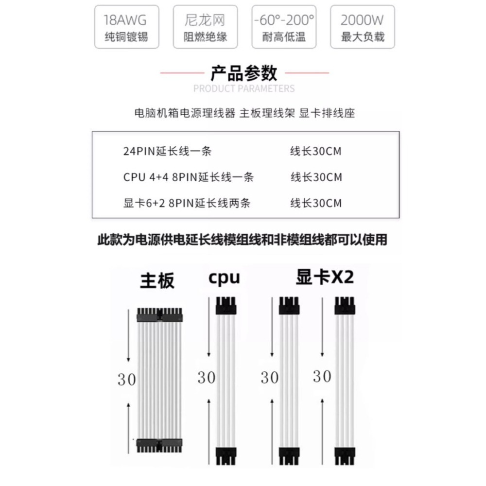 電腦 PSU全白電源供應器及顯示卡延長線 美化電腦裝機尼龍編織包網線-細節圖4