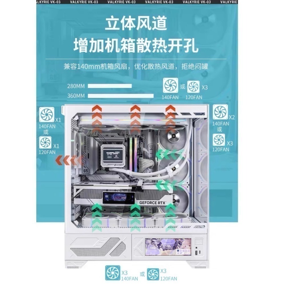 瓦爾基里VK03 WHITE 白色 支援360水冷 6.2吋觸摸屏 ATX海景房機殼含1正3反白色稜鏡6pro風扇-細節圖6