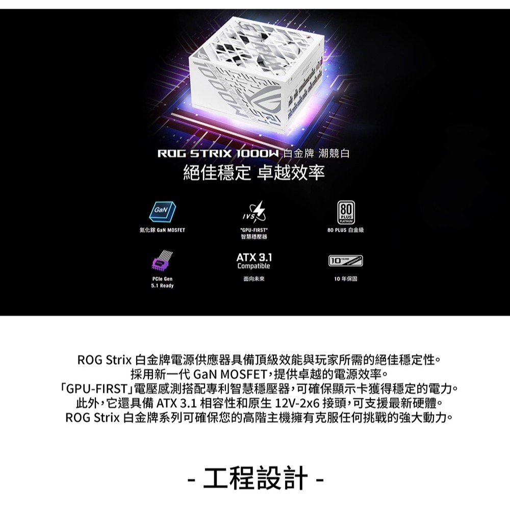 ASUS 華碩 ROG-STRIX-1000W-GAMING-WHITE朝競白 白金全模組 ATX3.1 電源供應器-細節圖3