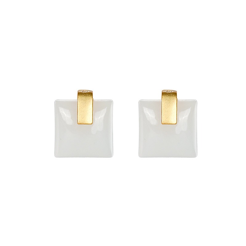 天然和田玉白玉方形耳釘S925純銀玉石耳墜簡約優雅氣質鋯石飾品女-細節圖5