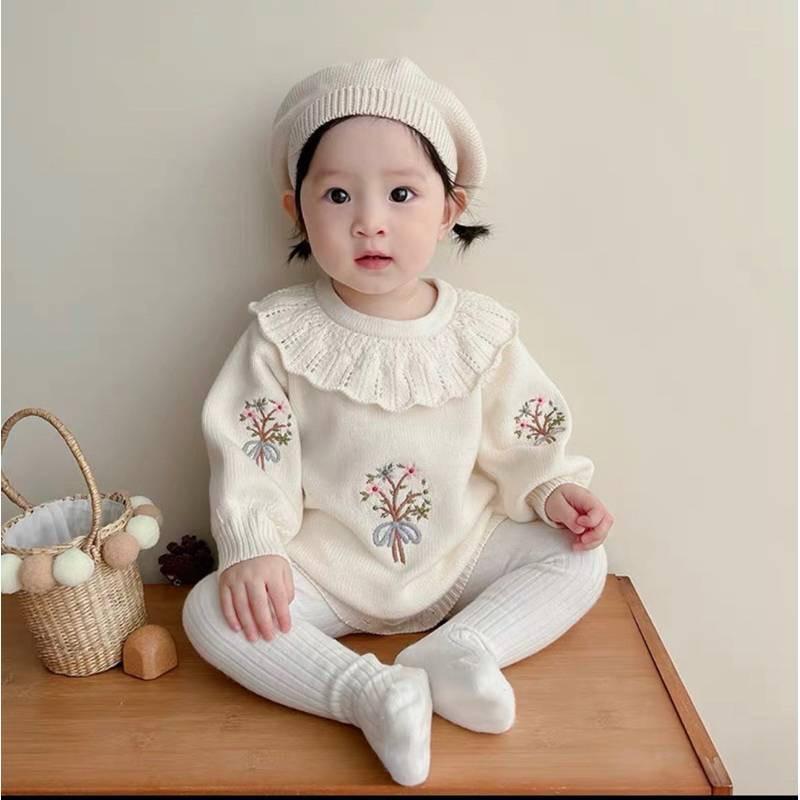 ❤️優惠促銷❤️春秋新款 嬰兒荷葉領 針織長袖哈衣 女寶繡花包屁衣-細節圖7
