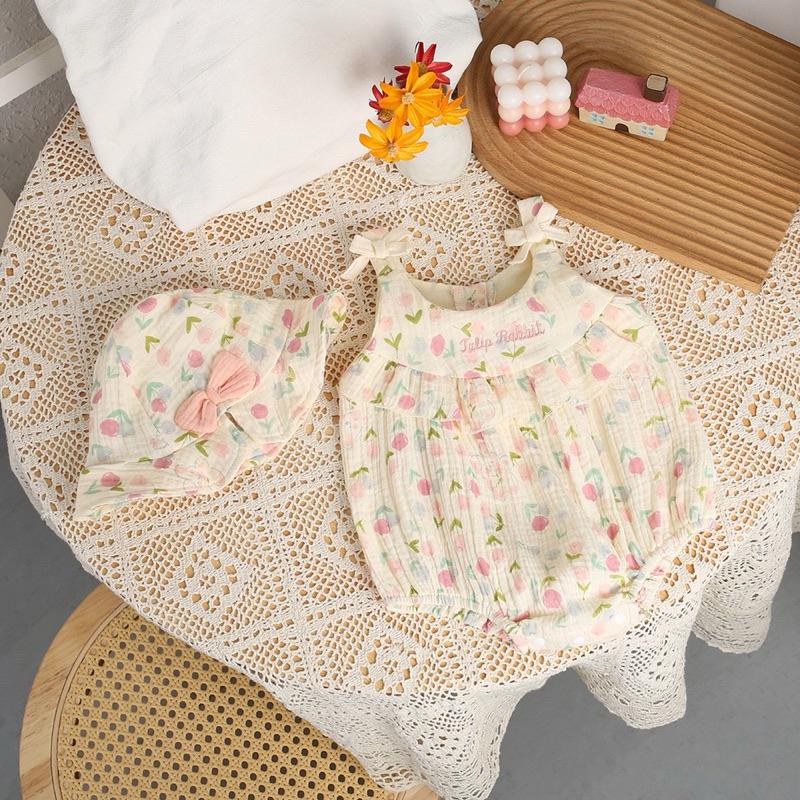 ❤️優惠促銷❤️夏季 女寶 吊帶碎花背心包屁衣 帽子 套裝 遮陽帽 夏季薄款 滿月服 周歲服 新鮮貨-細節圖2