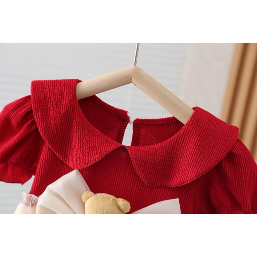 ❤️現貨促銷❤️夏季女寶泡泡袖小熊蝴蝶結拼接小洋裝 寶寶禮服 喜氣 新鮮貨 人氣商品 台灣現貨 隔日到貨 免運費-細節圖3