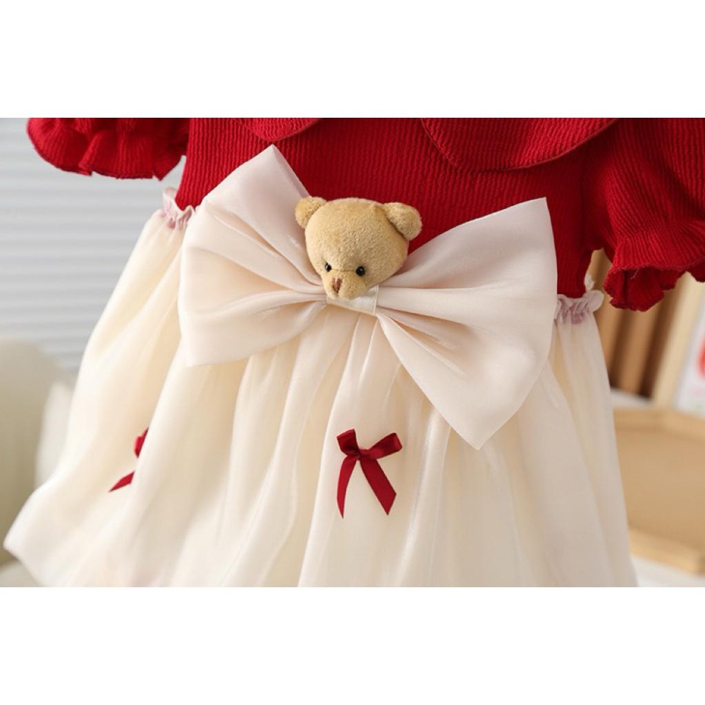 ❤️現貨促銷❤️夏季女寶泡泡袖小熊蝴蝶結拼接小洋裝 寶寶禮服 喜氣 新鮮貨 人氣商品 台灣現貨 隔日到貨 免運費-細節圖6