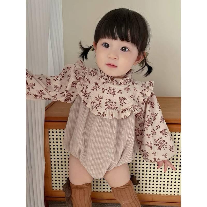 ❤️現貨促銷❤️台灣出貨春秋新款 韓版女寶花布拼接長袖包屁衣 隔日到貨 快速出貨 免運費-細節圖2