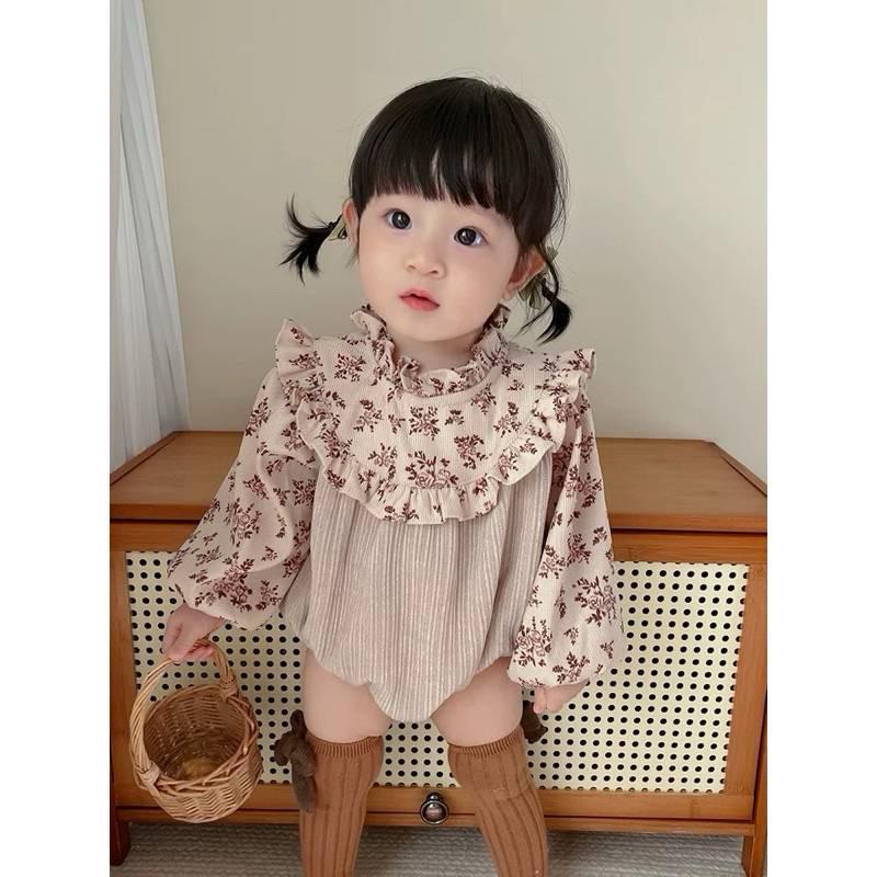 ❤️現貨促銷❤️台灣出貨春秋新款 韓版女寶花布拼接長袖包屁衣 隔日到貨 快速出貨 免運費-細節圖5