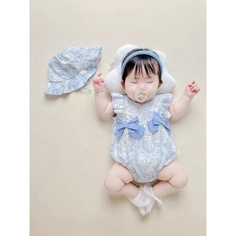 ❤️優惠促銷❤️夏季 嬰幼兒 新生兒 碎花 飛袖包屁衣 遮陽帽 套裝-細節圖2