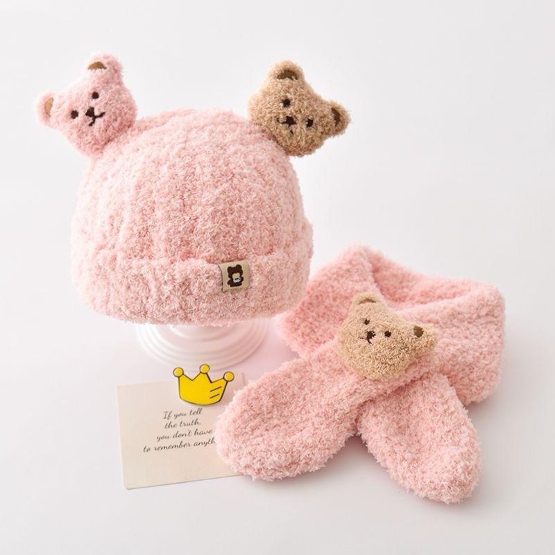 ❤️現貨促銷❤️台灣出貨秋冬新款男童 女童 嬰幼兒寶寶 可愛小熊 加厚保暖帽 圍巾 兩件組 免運費 隔日到貨 快速出貨-細節圖2