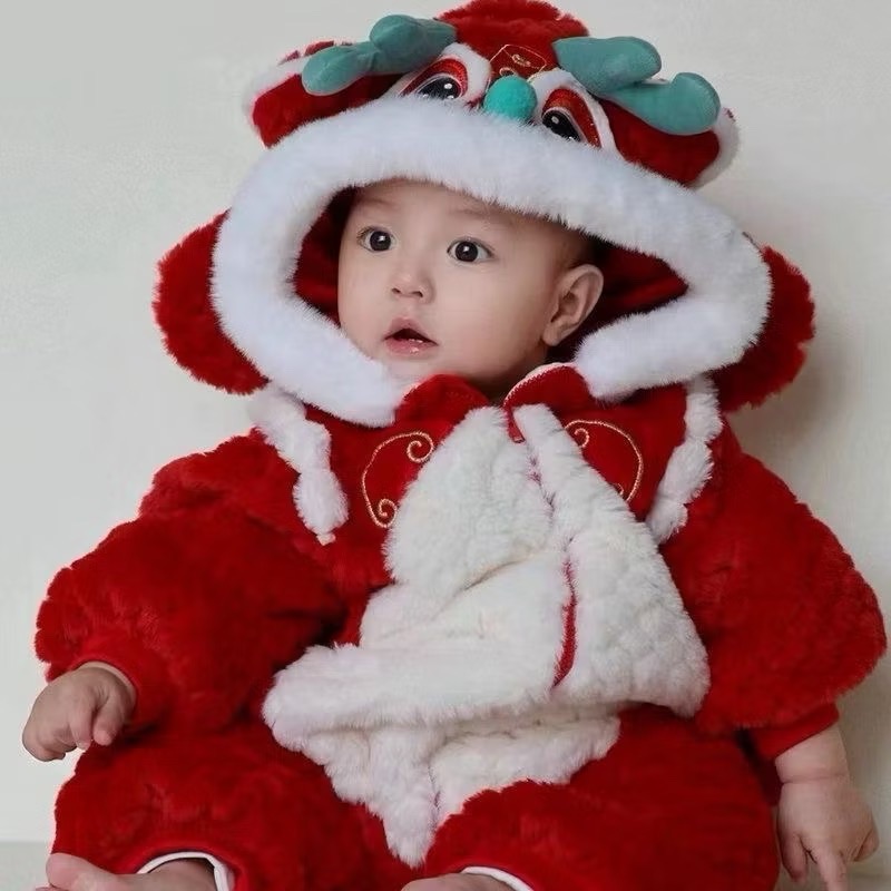 ❤️優惠促銷❤️秋冬嬰兒拜年服加絨加厚保暖連身衣 喜慶紅色 新年服 過年加厚外出服 龍造型  過年必備-細節圖2