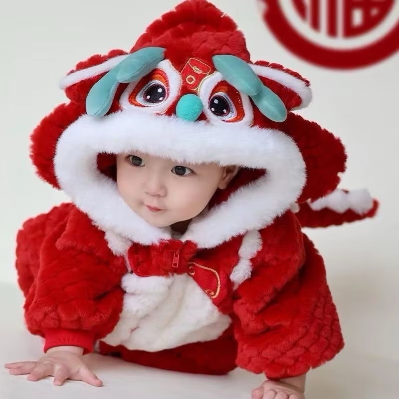 ❤️優惠促銷❤️秋冬嬰兒拜年服加絨加厚保暖連身衣 喜慶紅色 新年服 過年加厚外出服 龍造型  過年必備-細節圖3