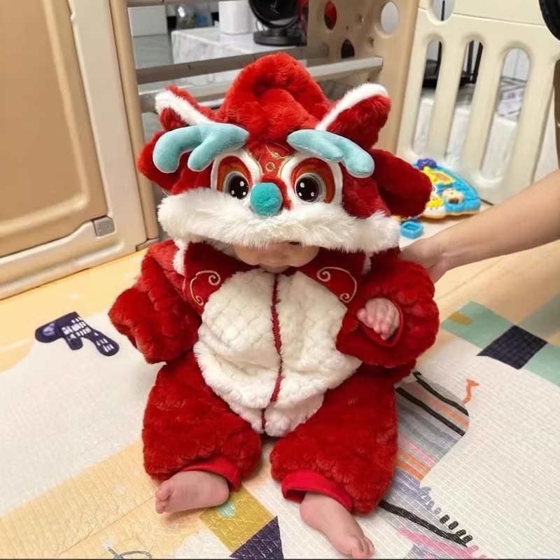 ❤️優惠促銷❤️秋冬嬰兒拜年服加絨加厚保暖連身衣 喜慶紅色 新年服 過年加厚外出服 龍造型  過年必備-細節圖4