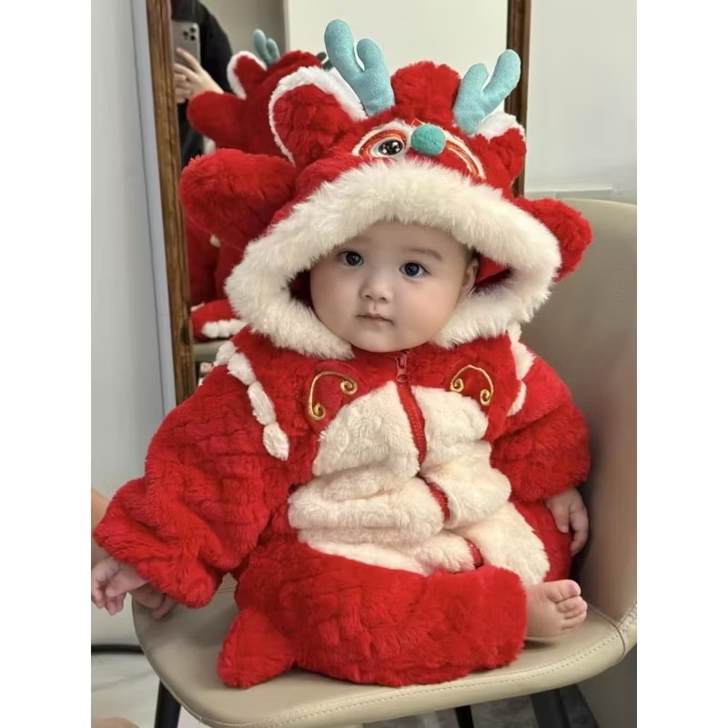 ❤️優惠促銷❤️秋冬嬰兒拜年服加絨加厚保暖連身衣 喜慶紅色 新年服 過年加厚外出服 龍造型  過年必備-細節圖5