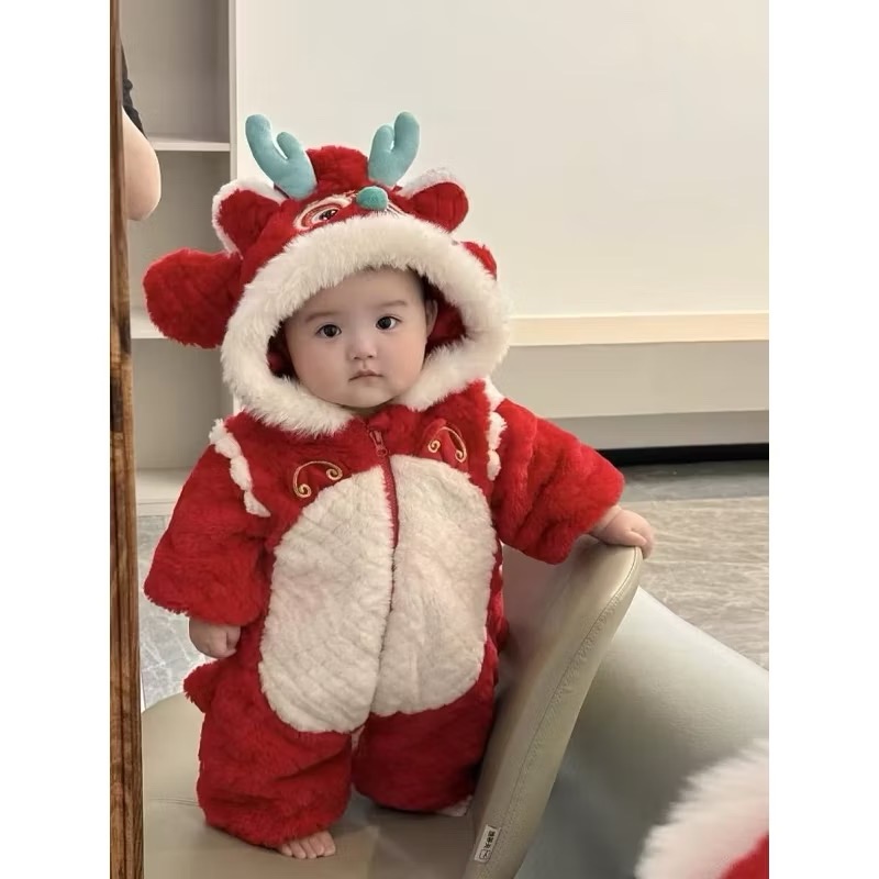 ❤️優惠促銷❤️秋冬嬰兒拜年服加絨加厚保暖連身衣 喜慶紅色 新年服 過年加厚外出服 龍造型  過年必備-細節圖6