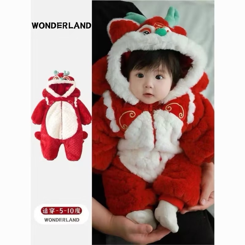 ❤️優惠促銷❤️秋冬嬰兒拜年服加絨加厚保暖連身衣 喜慶紅色 新年服 過年加厚外出服 龍造型  過年必備-細節圖7