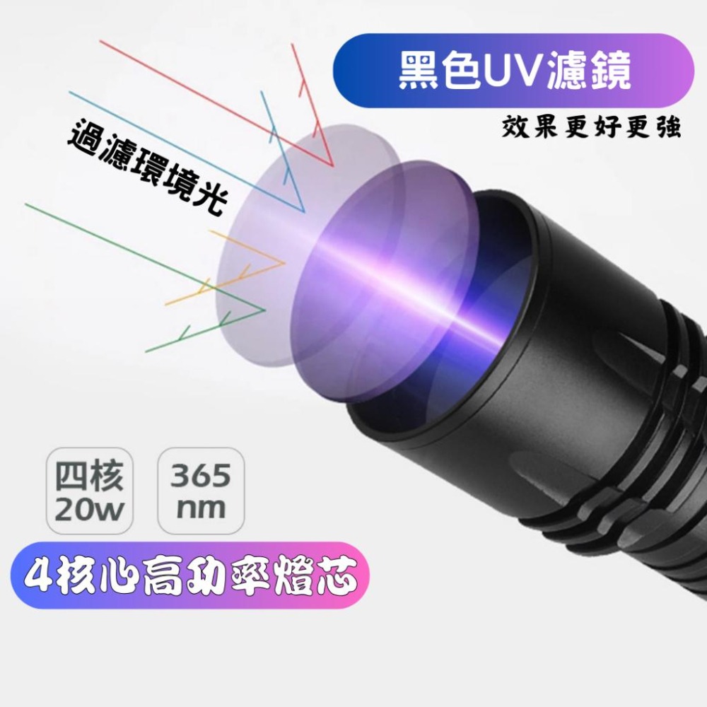 現貨 20W 四核心 大功率紫光手電筒 紫光鑒定燈 照玉燈 驗鈔燈 UV黑鏡紫光燈 煙酒防偽鑒別 翡翠鑒定燈 365NM-細節圖2