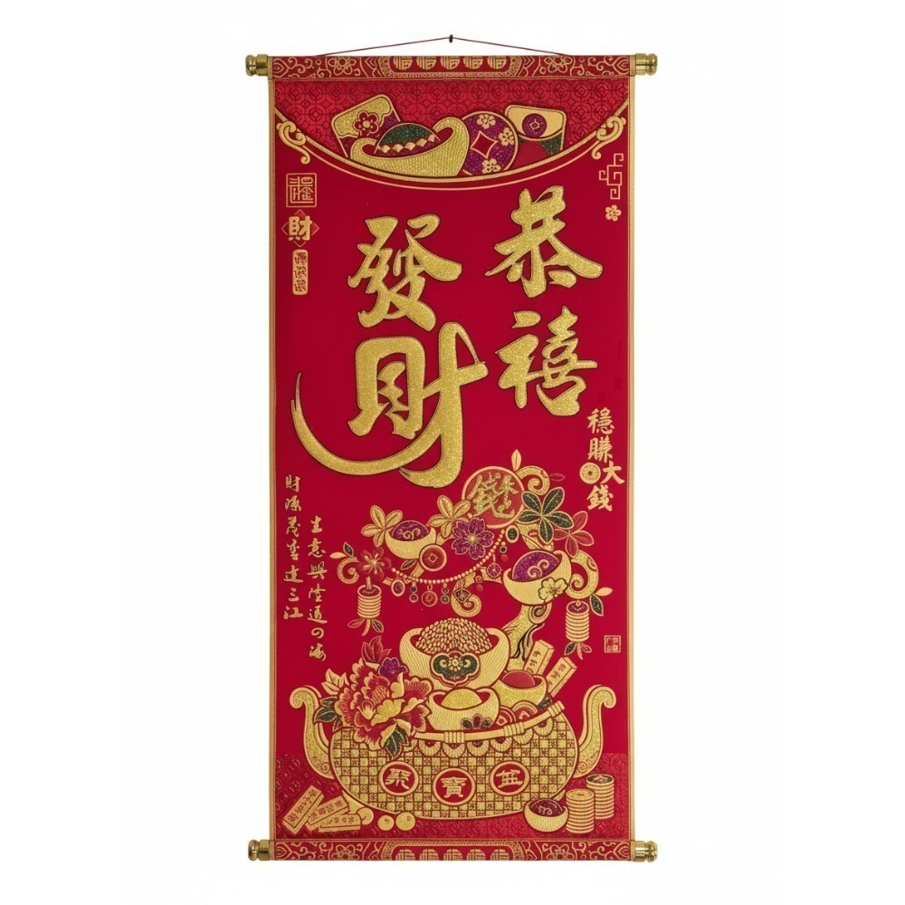 [洽興]春聯 絨布彩金掛軸 40x78 cm 迎春接福 富貴有餘 錢進我家 生意興隆 恭喜發財-規格圖9