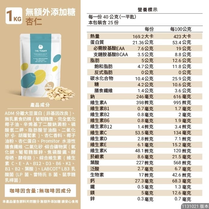 經典植物優蛋白【無額外添加糖-杏仁1KG