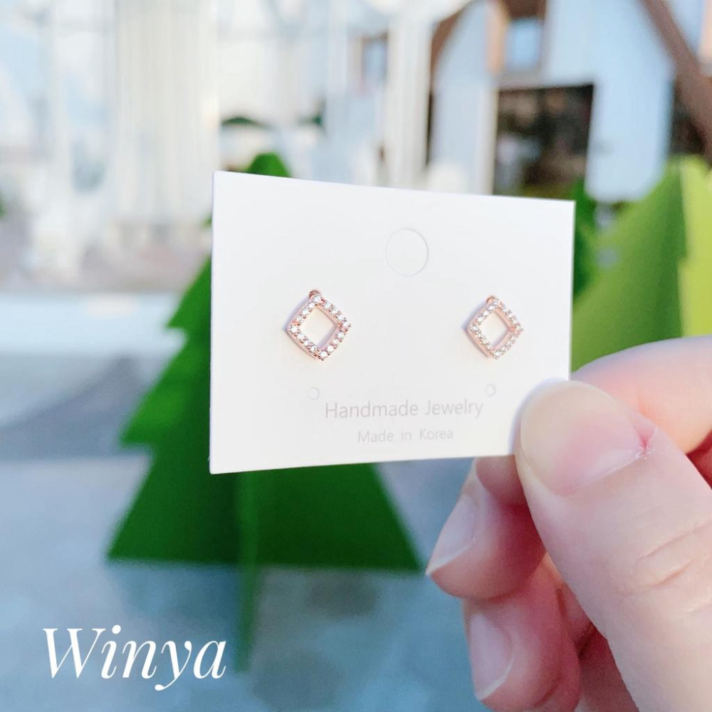 【Winya 韓國飾品 現貨 】正韓 小 菱形 細鑽 耳環 925銀針 耳夾 耳環-細節圖2