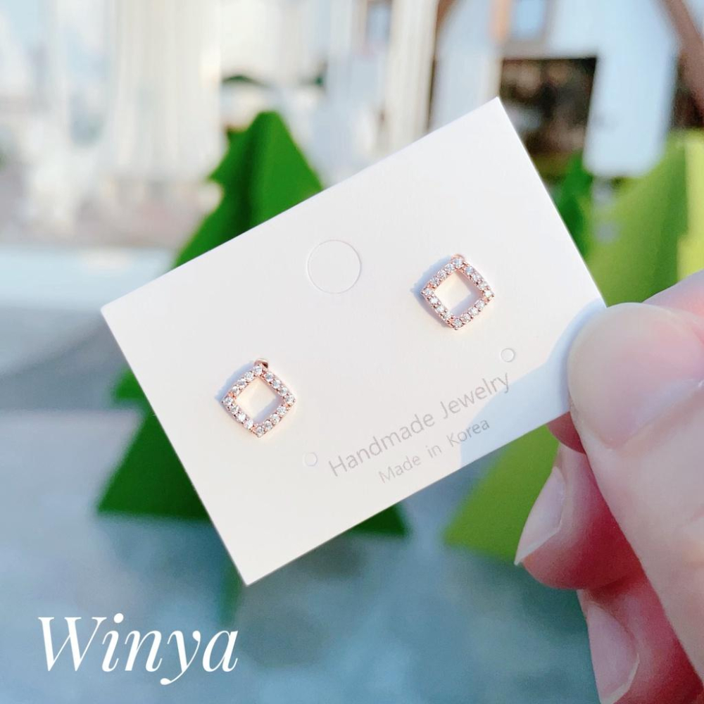 【Winya 韓國飾品 現貨 】正韓 小 菱形 細鑽 耳環 925銀針 耳夾 耳環-細節圖3